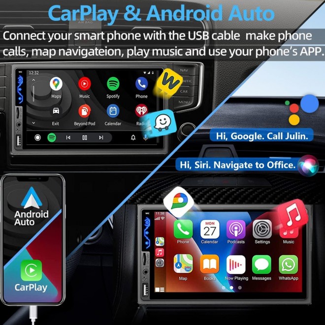 Double Din Car Stereo Compatible with Apple CarPlay and Android Auto - Touchscreen Car