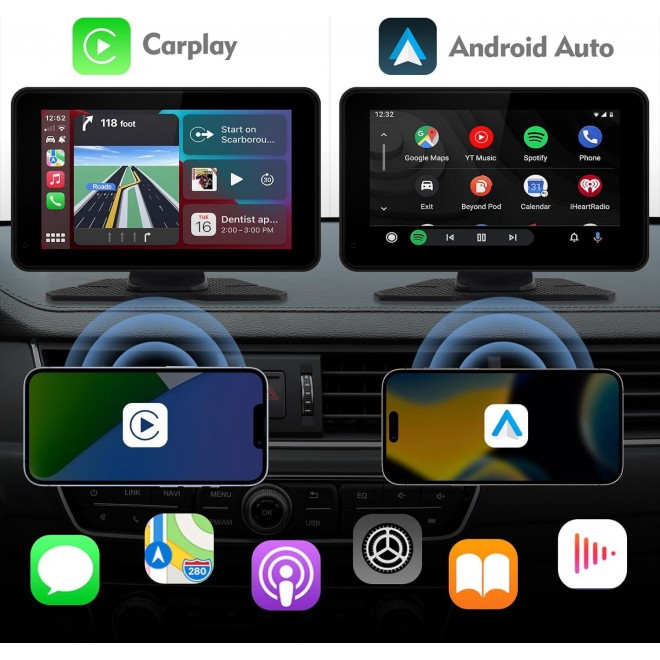 Portable Wireless Carplay & Android Auto Car Stereo, 7 Inch Full HD Car Touch Screen