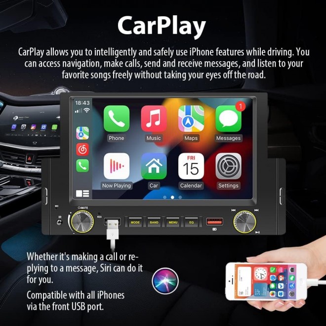 Single Din Car Stereo with 6.2 Inch IPS Full HD Touchscreen, Apple CarPlay