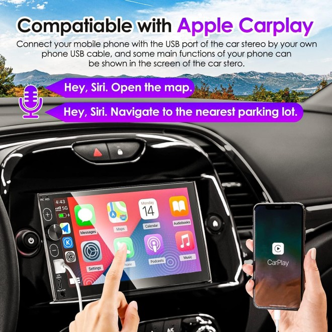 Double Din Car Stereo Apple Carplay & Android Auto 7-Inch Full HD Touchscreen Car Audio