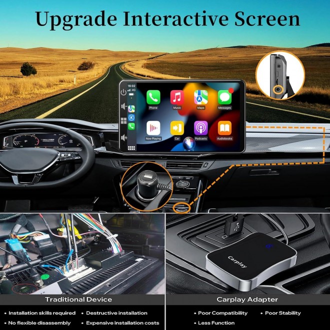 Wireless Carplay Screen for Car: Portable Car Stereo with Apple Car Play