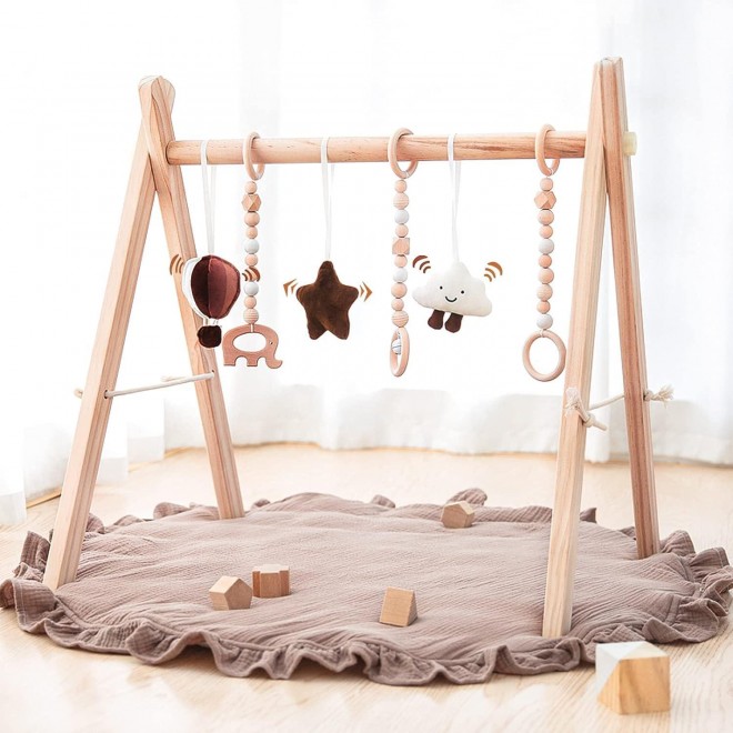 Razee Wooden Baby Play Gym Play Mat, With 6 Hanging Sensory Toys Foldable Baby Gym