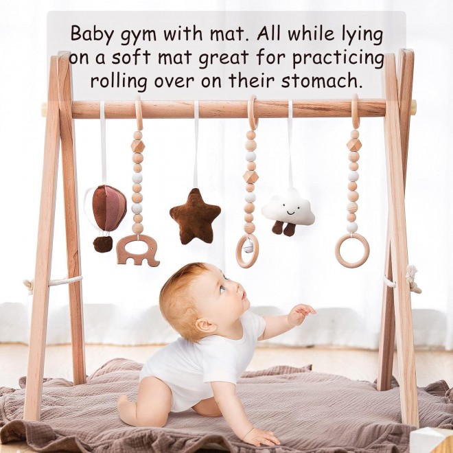 Razee Wooden Baby Play Gym Play Mat, With 6 Hanging Sensory Toys Foldable Baby Gym