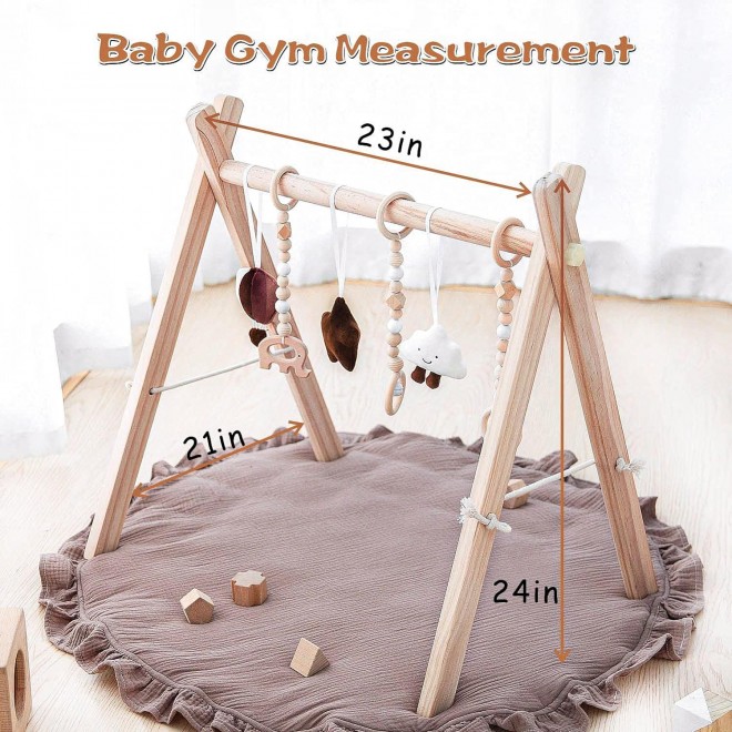 Razee Wooden Baby Play Gym Play Mat, With 6 Hanging Sensory Toys Foldable Baby Gym