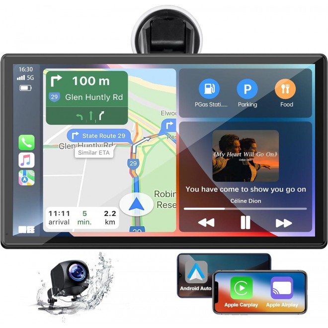 LAMTTO Wireless Apple Carplay with 1080P Reverse Camera, Portable Touch