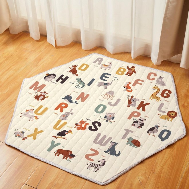 Funtery Woodland Animals Hexagon Playpen Mat Baby Play Mat Foldable Soft Nursery