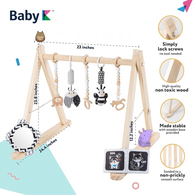 BABY K Wooden Baby Play Gym - Foldable Wooden Play Gym  Natural Wooden Surface