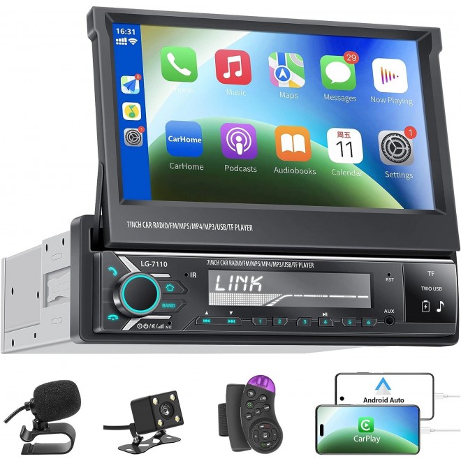 Single Din Car Stereo with Apple Carplay and Android Auto, 7 Inch Flip Out Screen Car Stereo