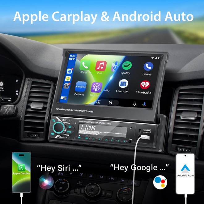 Single Din Car Stereo with Apple Carplay and Android Auto, 7 Inch Flip Out Screen Car Stereo