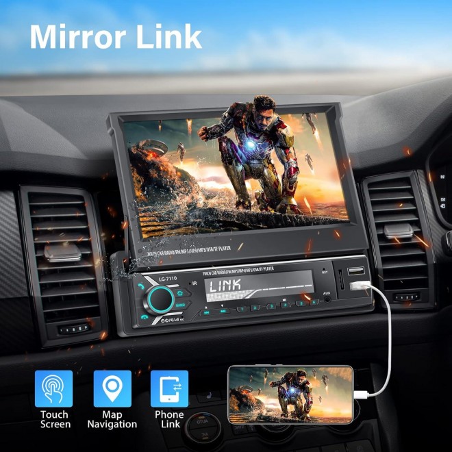 Single Din Car Stereo with Apple Carplay and Android Auto, 7 Inch Flip Out Screen Car Stereo