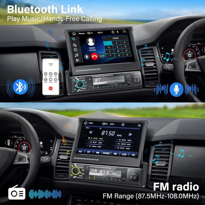 Single Din Car Stereo with Apple Carplay and Android Auto, 7 Inch Flip Out Screen Car Stereo