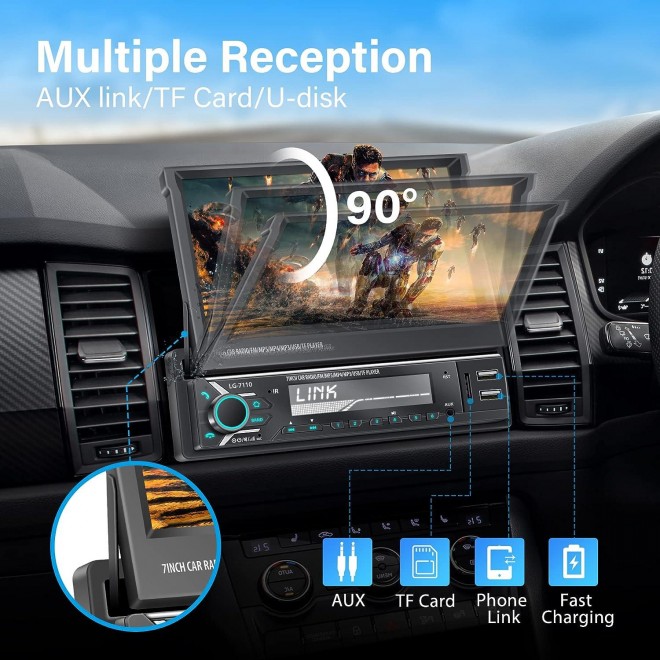 Single Din Car Stereo with Apple Carplay and Android Auto, 7 Inch Flip Out Screen Car Stereo