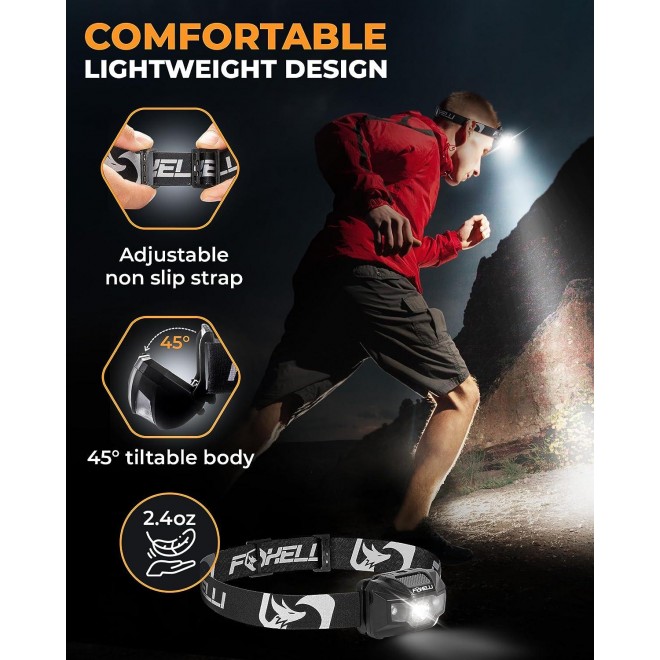 Foxelli LED Headlamp Rechargeable –Waterproof Head Lamp with Red Light