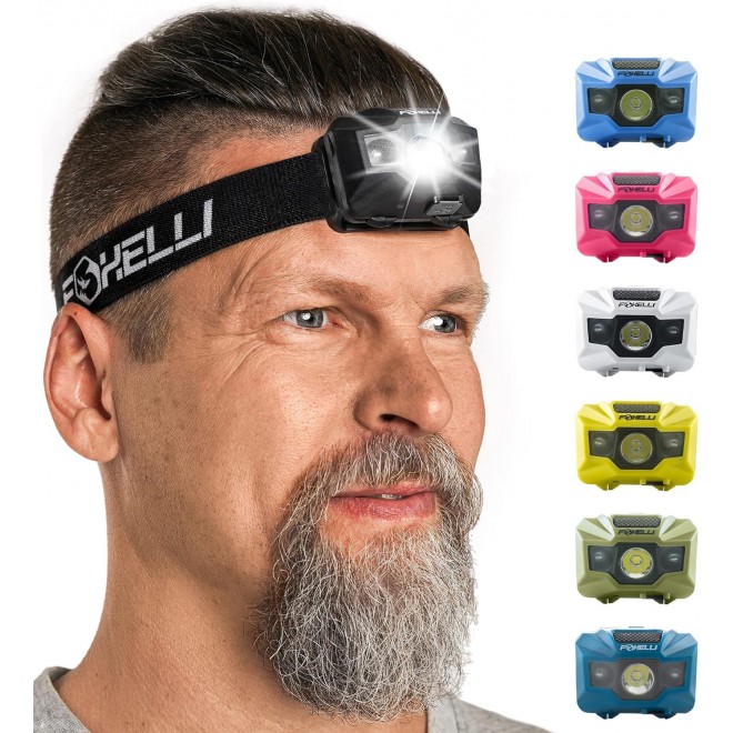 Foxelli LED Headlamp Rechargeable –Waterproof Head Lamp with Red Light