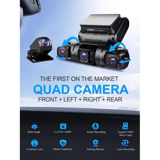 PRUVEEO Dash Cam, 4 Channel Camera, Front, Left, Right and Rear, Front and Rear Inside