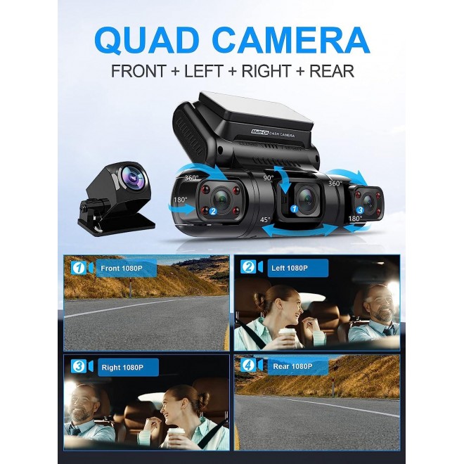 PRUVEEO Dash Cam, 4 Channel Camera, Front, Left, Right and Rear, Front and Rear Inside