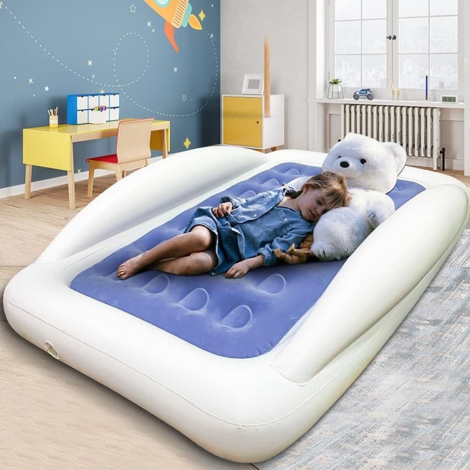 Inflatable Kids Travel Bed Toddler Air Mattress Set - Portable Blow Up Mattress Sleeping Bed Cot