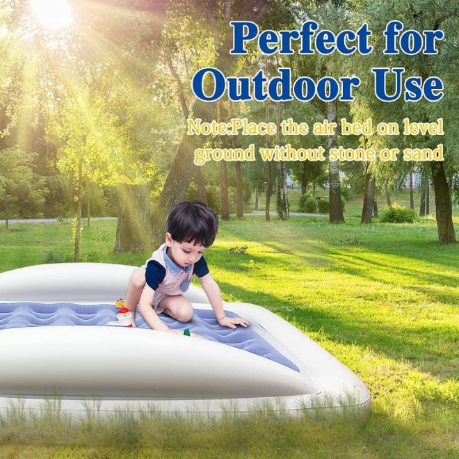 Inflatable Kids Travel Bed Toddler Air Mattress Set - Portable Blow Up Mattress Sleeping Bed Cot