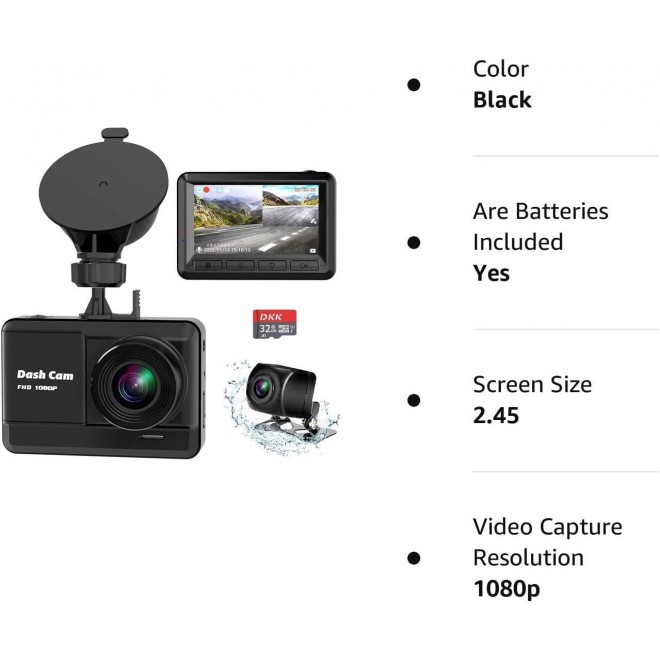 Dash Cam Front and Rear, Mini Dash Cam 1080P Full HD with 32GB SD Card, 2.45 inch IPS Screen