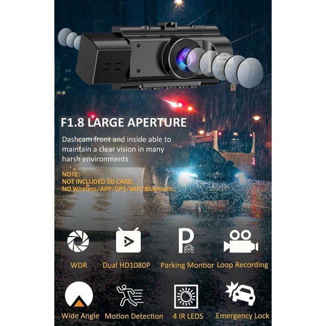 Dual Dash Cam Front and Inside FHD 1080P Dashcams for Cars with Infrared Night Vision Car Camera