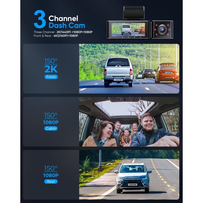 AZDOME M550 3 Channel 4K WiFi Dash Cam,  Front Inside Rear Triple Car Camera