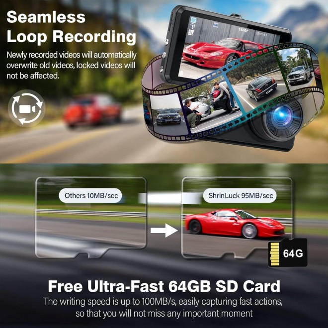 ShrinLuck 2.5K Dash Cam Front and Rear, 64G SD Card, 1600P+1080P FHD Dual Dash Camera for Cars