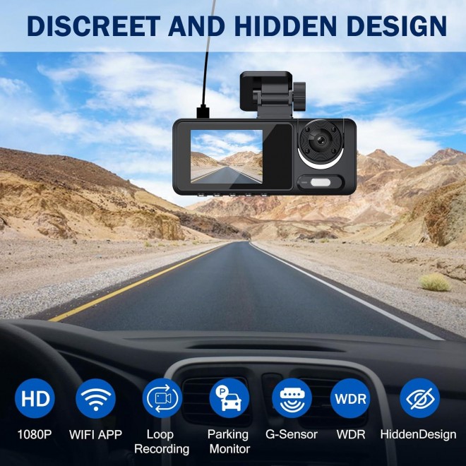 Tuliyet Dash Cam Front and Rear, 64G SD Card, 1080P 3 Dash Camera for Cars