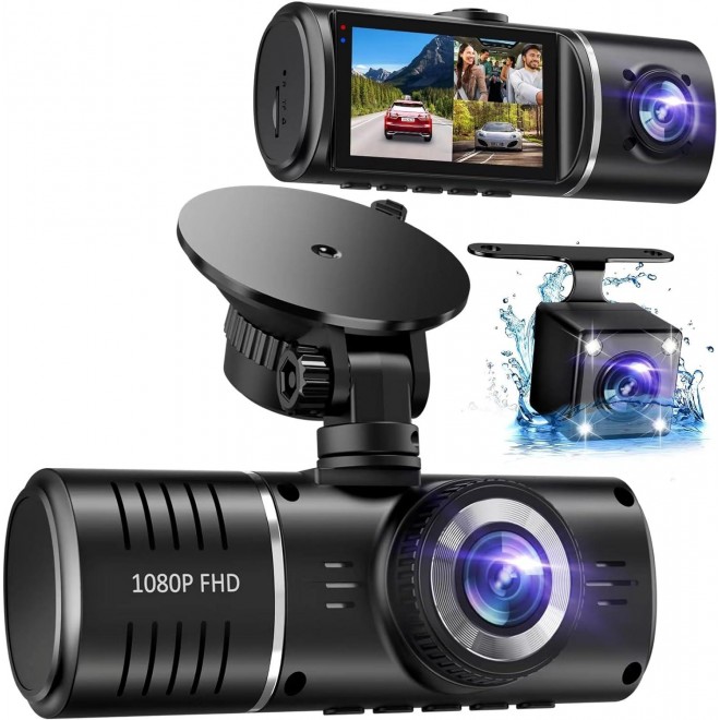 Dash Cam, 3 Channel Dash Cam, 1080P Dash Cam Front and Inside, Triple Dash Cam, Dash Camera