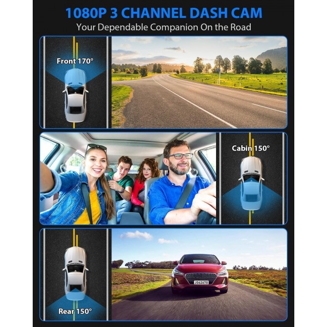 Dash Cam, 3 Channel Dash Cam, 1080P Dash Cam Front and Inside, Triple Dash Cam, Dash Camera