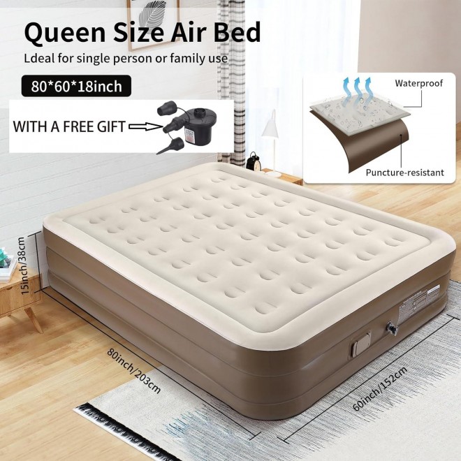 EMUQUD New Upgrade Cordless Queen Size Air Mattress with Built in Lithium Battery Pump 