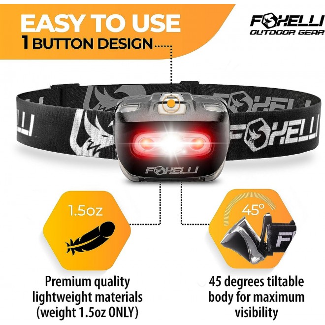 Foxelli LED Headlamp Flashlight for Adults & Kids, Running, Camping