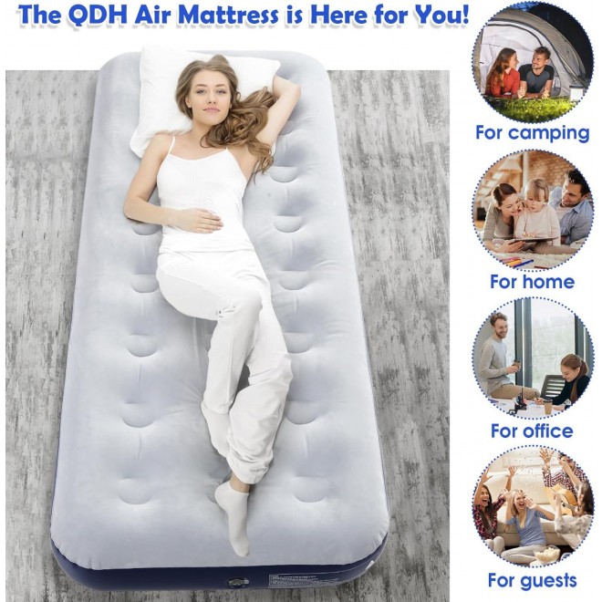 QDH Camping Air Mattress Inflatable Air Bed Flocked Surface Travel Bed Sleeping Pad Air Bed