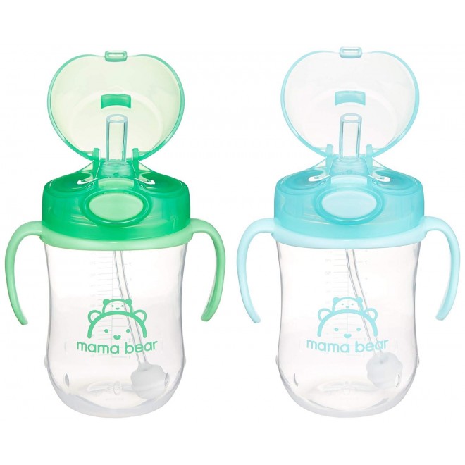 Mama Bear Silicone Weighted Straw Sippy Cup, Pack of 2, Blue/Green