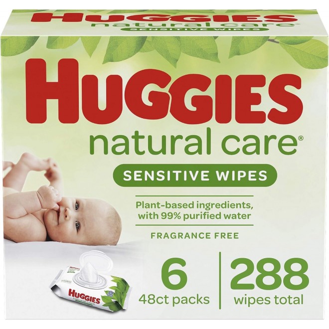 Huggies Natural Care Sensitive Baby Wipes, Unscented, 6 Flip-Top Packs