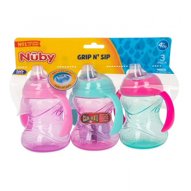 Nuby 3 Piece No-Spill Grip N’ Sip Cup with Silicone Soft Flex Spout