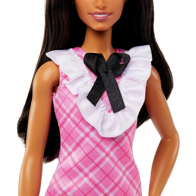 Barbie Fashionistas Doll with Black Hair Wearing a Pink Plaid Dress