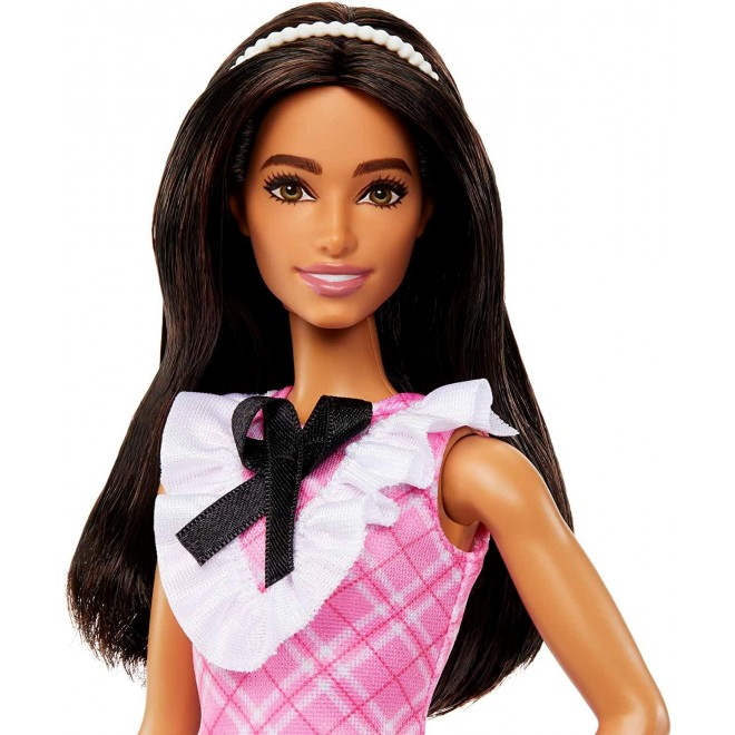 Barbie Fashionistas Doll with Black Hair Wearing a Pink Plaid Dress