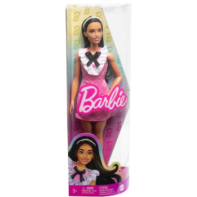 Barbie Fashionistas Doll with Black Hair Wearing a Pink Plaid Dress