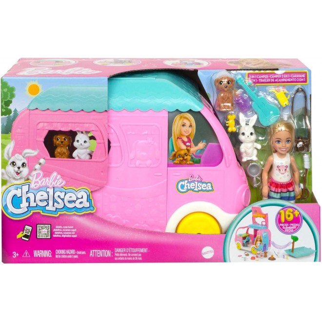 Barbie Camper, Chelsea 2-in-1 Playset with Small Doll, 2 Pets