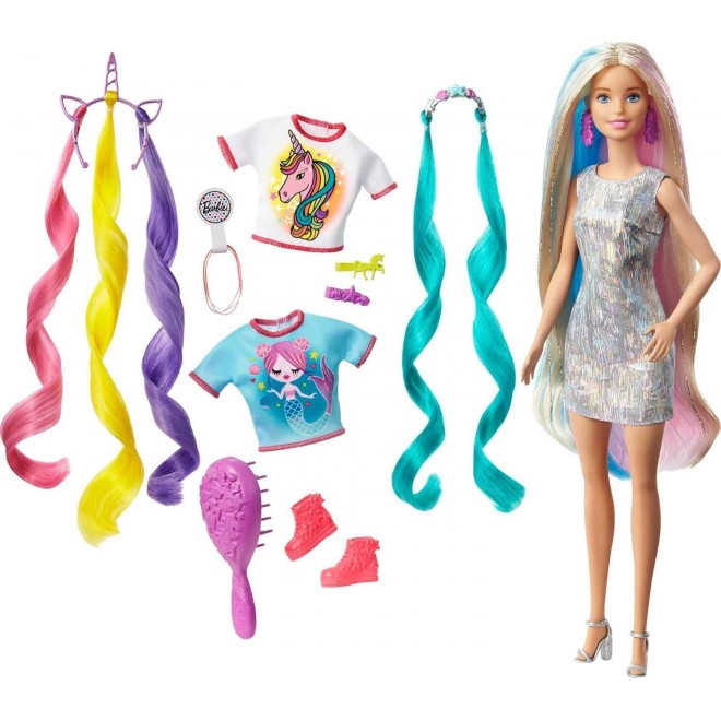 Barbie Fantasy Hair Doll,with 2 Decorated Crowns, 2 Tops & Accessories