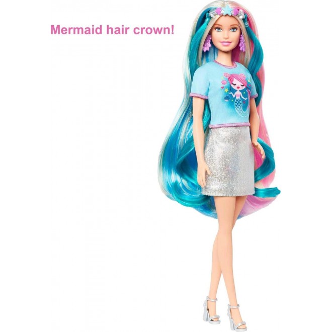 Barbie Fantasy Hair Doll,with 2 Decorated Crowns, 2 Tops & Accessories