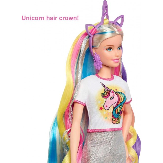 Barbie Fantasy Hair Doll,with 2 Decorated Crowns, 2 Tops & Accessories