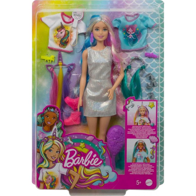 Barbie Fantasy Hair Doll,with 2 Decorated Crowns, 2 Tops & Accessories