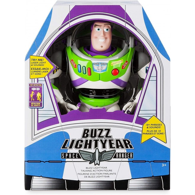 DISNEY Store Official Buzz Lightyear Interactive Talking Action Figure from Toy Story, 11 inch, Features 10+ English Phrases, Interacts with Other Figures and Toys, Light-Beam Features, Ages 3+