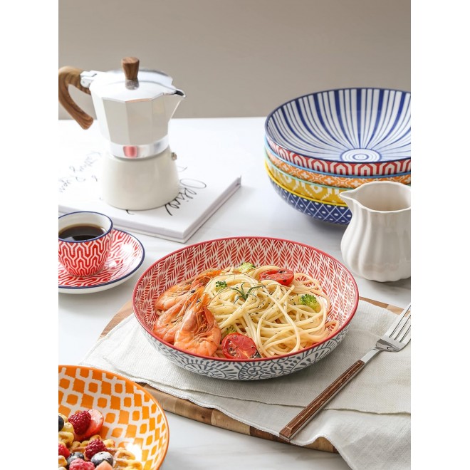 Selamica Porcelain 26 Ounce Pasta Bowls Set of 6, 8 inch Wide and Shal