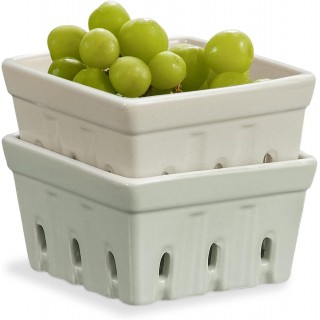 ONEMORE Ceramic Berry Basket, Square Fruit Bowls, Rustic Stoneware Ber