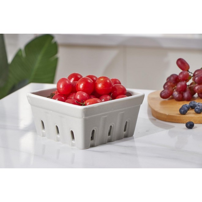 ONEMORE Ceramic Berry Basket, Square Fruit Bowls, Rustic Stoneware Ber