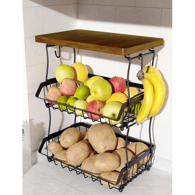 3-Tier Fruit Basket for Kitchen Counter with Banana Hangers, Counterto