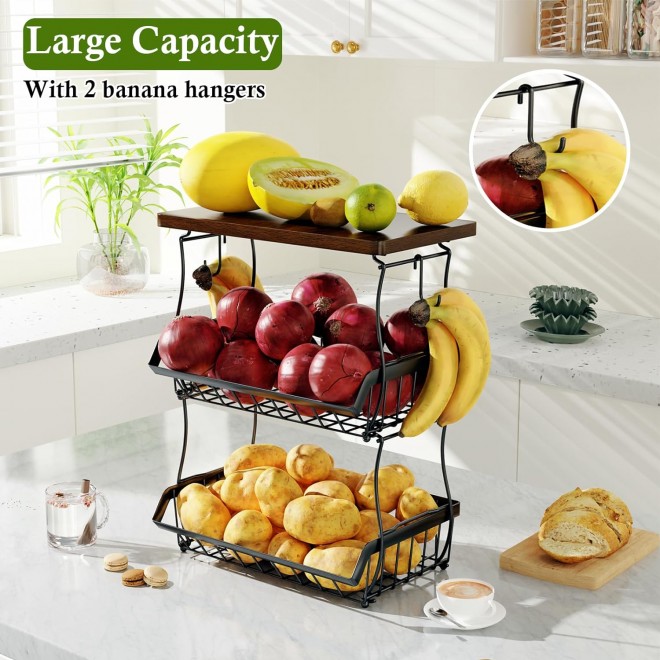 3-Tier Fruit Basket for Kitchen Counter with Banana Hangers, Counterto