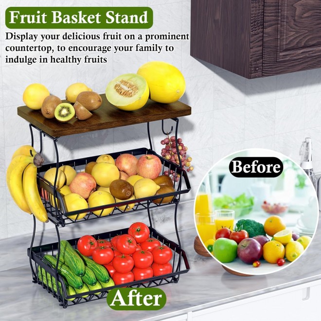 3-Tier Fruit Basket for Kitchen Counter with Banana Hangers, Counterto